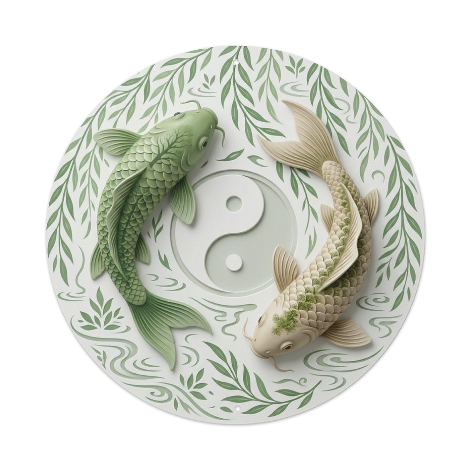 Metal Tin Sign Tai Chi Koi Fish Willow Green