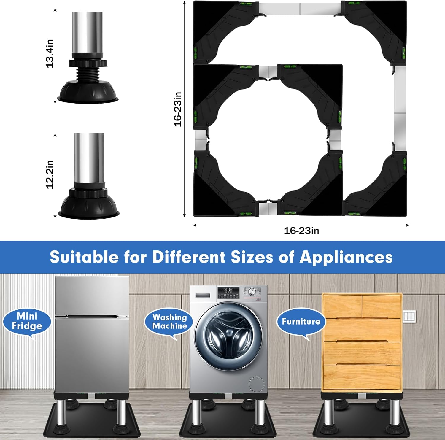 12.2" to 13.4" Height Mini Fridge Stand with 23.6" Silicone Mat, Universal Appliance Base with 4 Sturdy Feet Heavy Duty Laundry Pedestal for 15.7-25.6 Inch Appliance 460 Pounds Stand (Black)