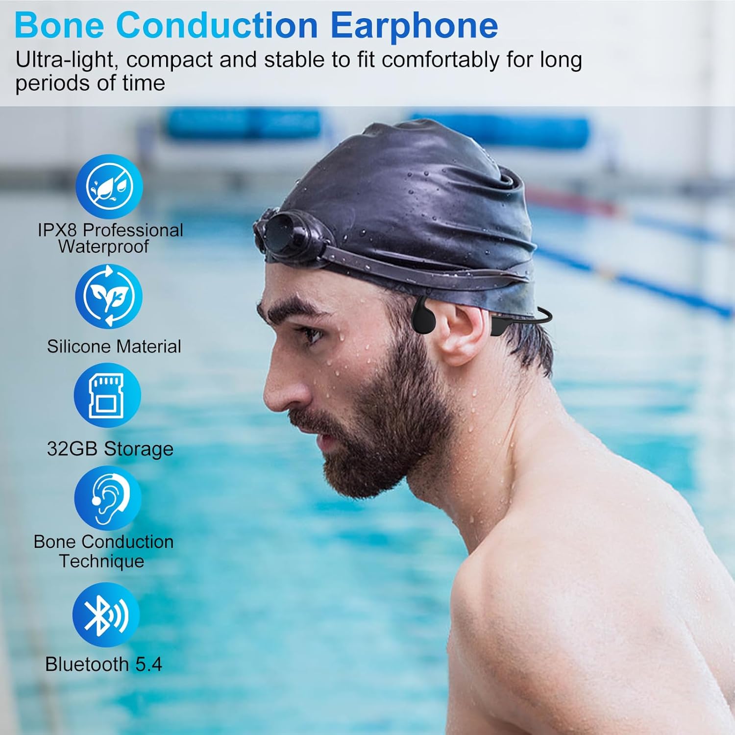 Swimming Bone Conduction Headphones, IPX8 Open Ear Headphones Bluetooth 5.4 Waterproof Earbuds with 32GB MP3 7H Playtimes, Underwater Headphones for Marathon、Swimming、Running、Cycling - Image 3