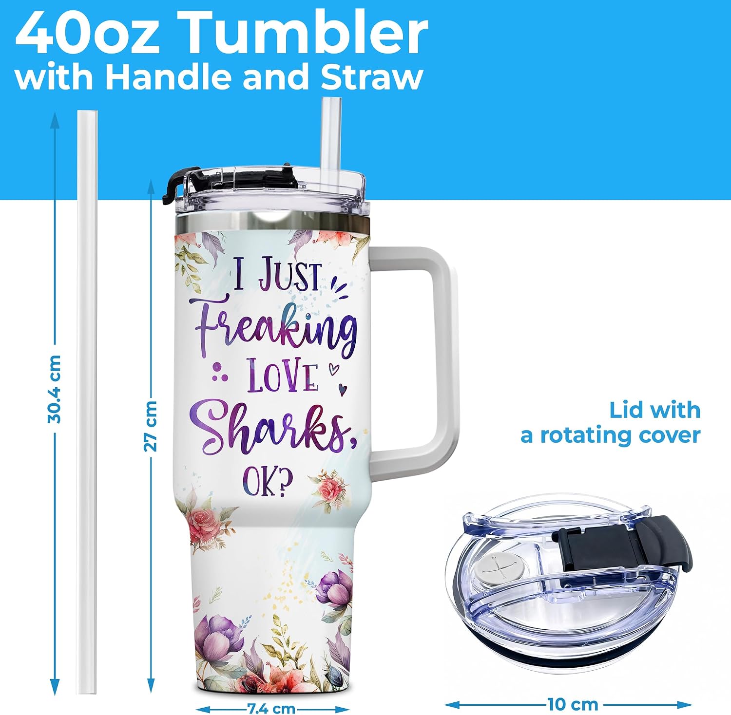 Hyturtle Personalized Shark 40oz Tumbler with Handle and Straw Gifts for Sharks Lovers, Shark Gifts For Women, Birthday Christmas Gift Ideas Custom Name Insulated Stainless Steel Travel Cup With Lid
