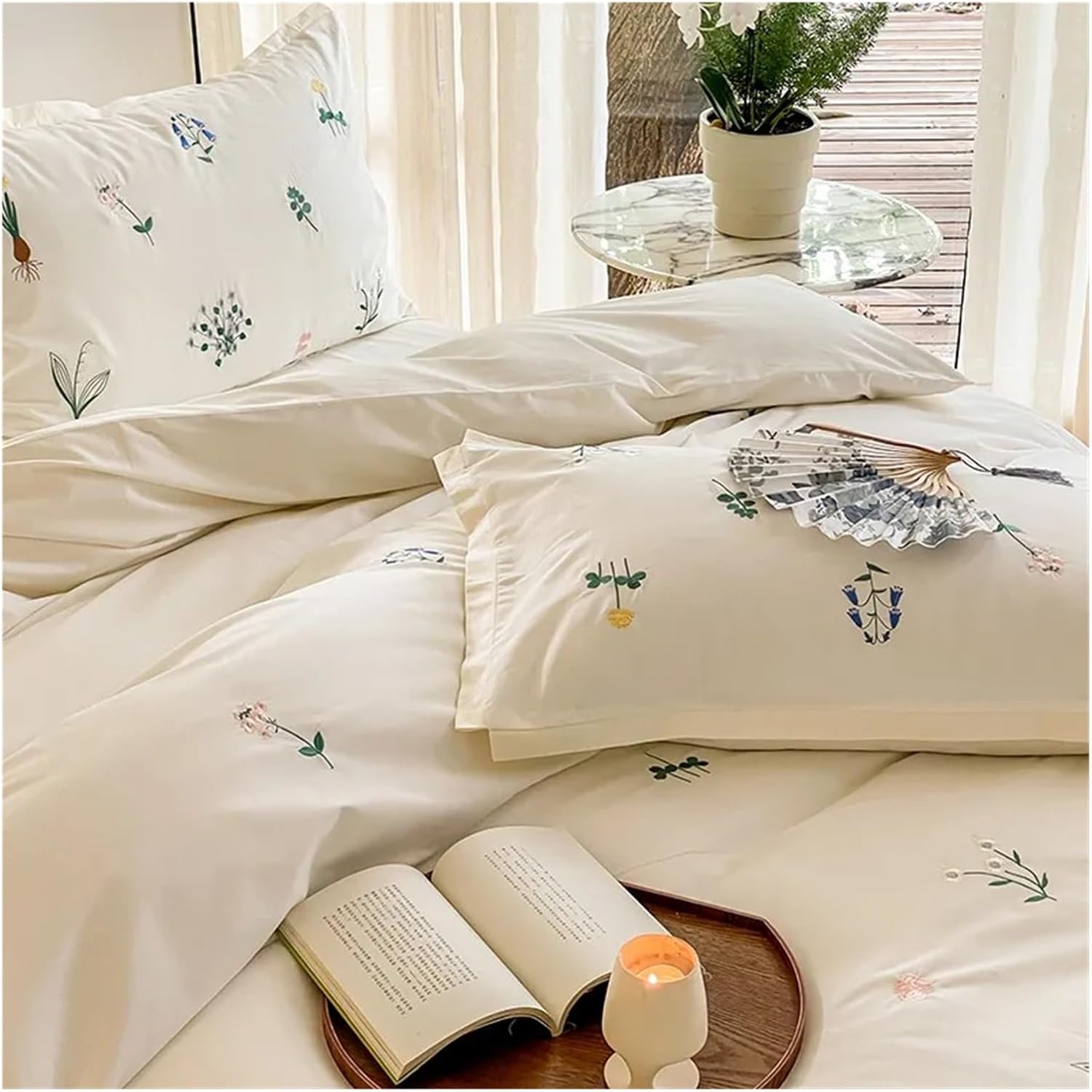 Pastoral Style 100% Cotton White Chic Bedding Set with Embroidery Double Queen King 4Pcs Duvet Cover Bed Sheet Pillowcases,Bed