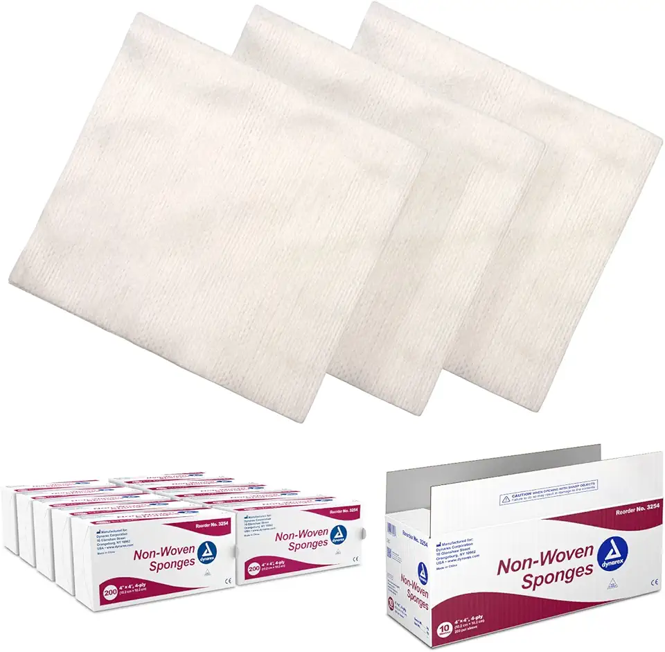 Dynarex Non-Woven Sponges, Non-Sterile, Gauze Sponges, Highly-Absorbent and with Less Linting, 4"x 4", 4 Ply, 1 Case of 2000 (10 Boxes of 200)