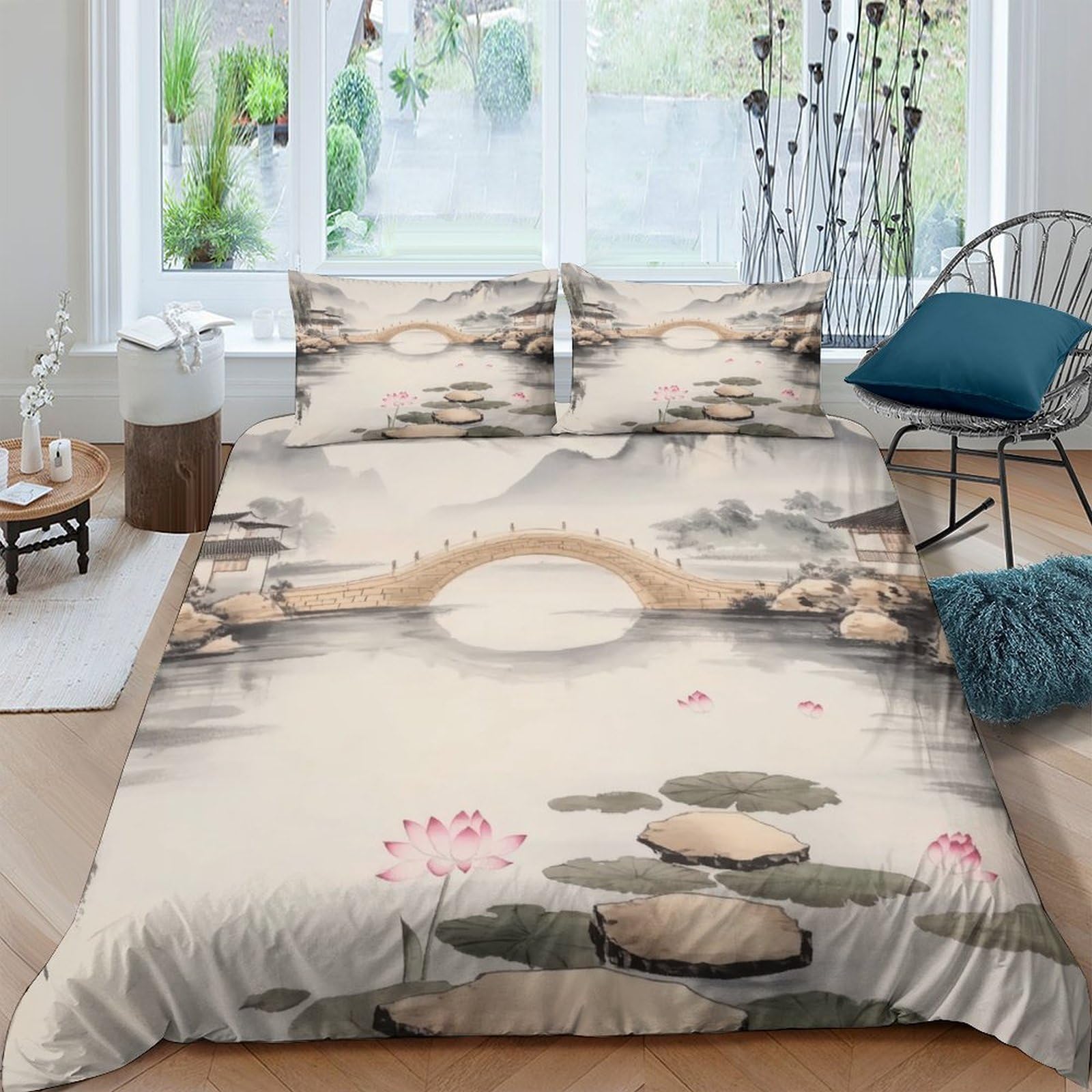 GPLZQXKJNH 3D Printed Traditional Chinese Landscape Duvet Cover Microfiber Soft Breathable Lotus Pond Bedding Set with 2 Pillowcases for Bedroom Decor Single（135x200cm）