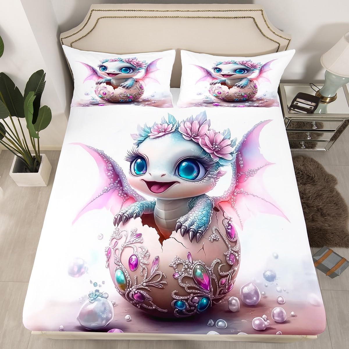 Erosebridal Cute Baby Dragon Bedding Set Diamond Dragon Egg Twin Fitted Sheet for Kids Boys Girls,Pearl Jewel Cartoon Animal Bed Sheets Teal Dreamy Wildlife Bed Cover