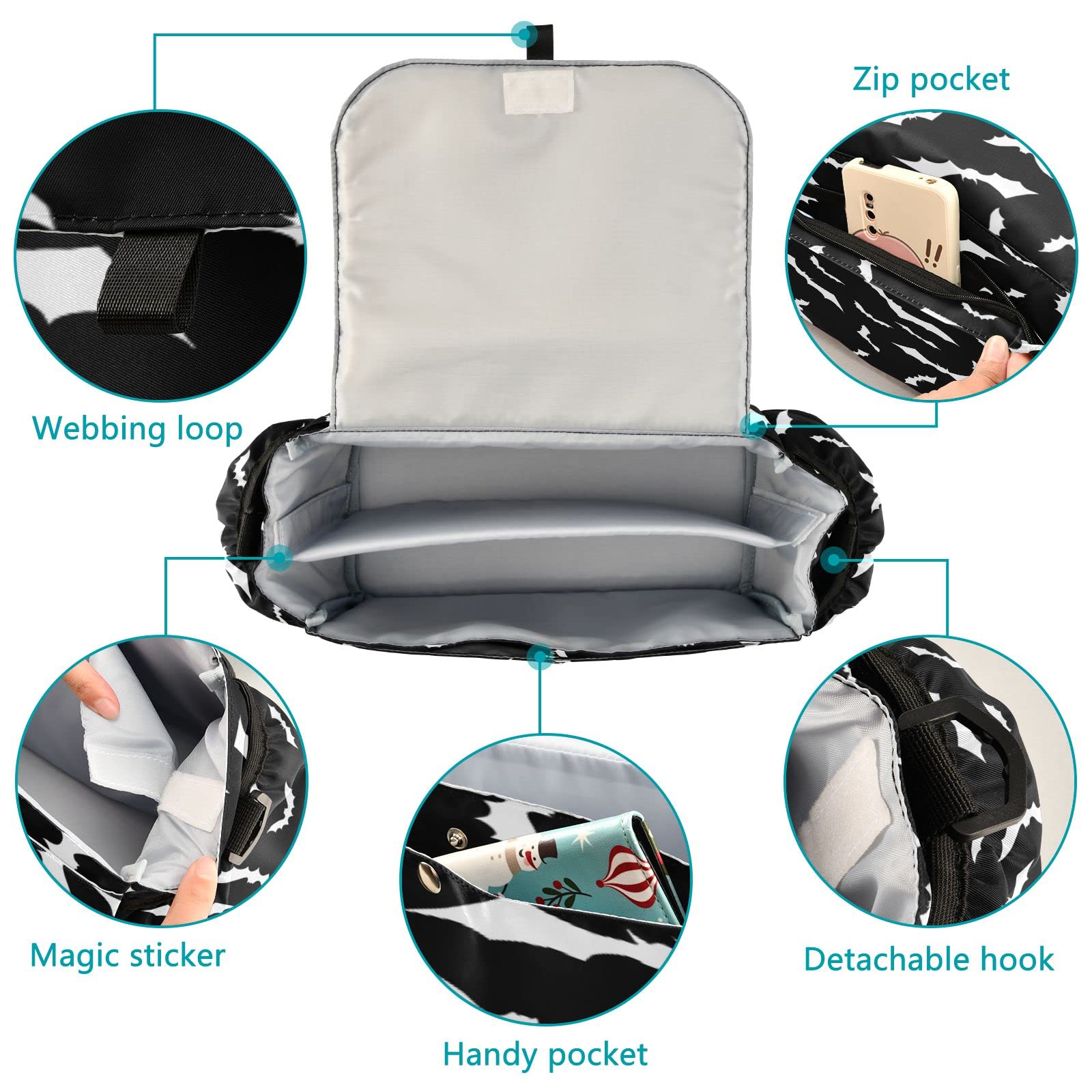 Pigsaly Halloween Bat Baby Stroller Organizer Spooky Witch Universal Stroller Bag Fit Most Strollers Accessories Bag Large Pram Stroller Storage Pouch Caddy For Diaper Toys Wipes