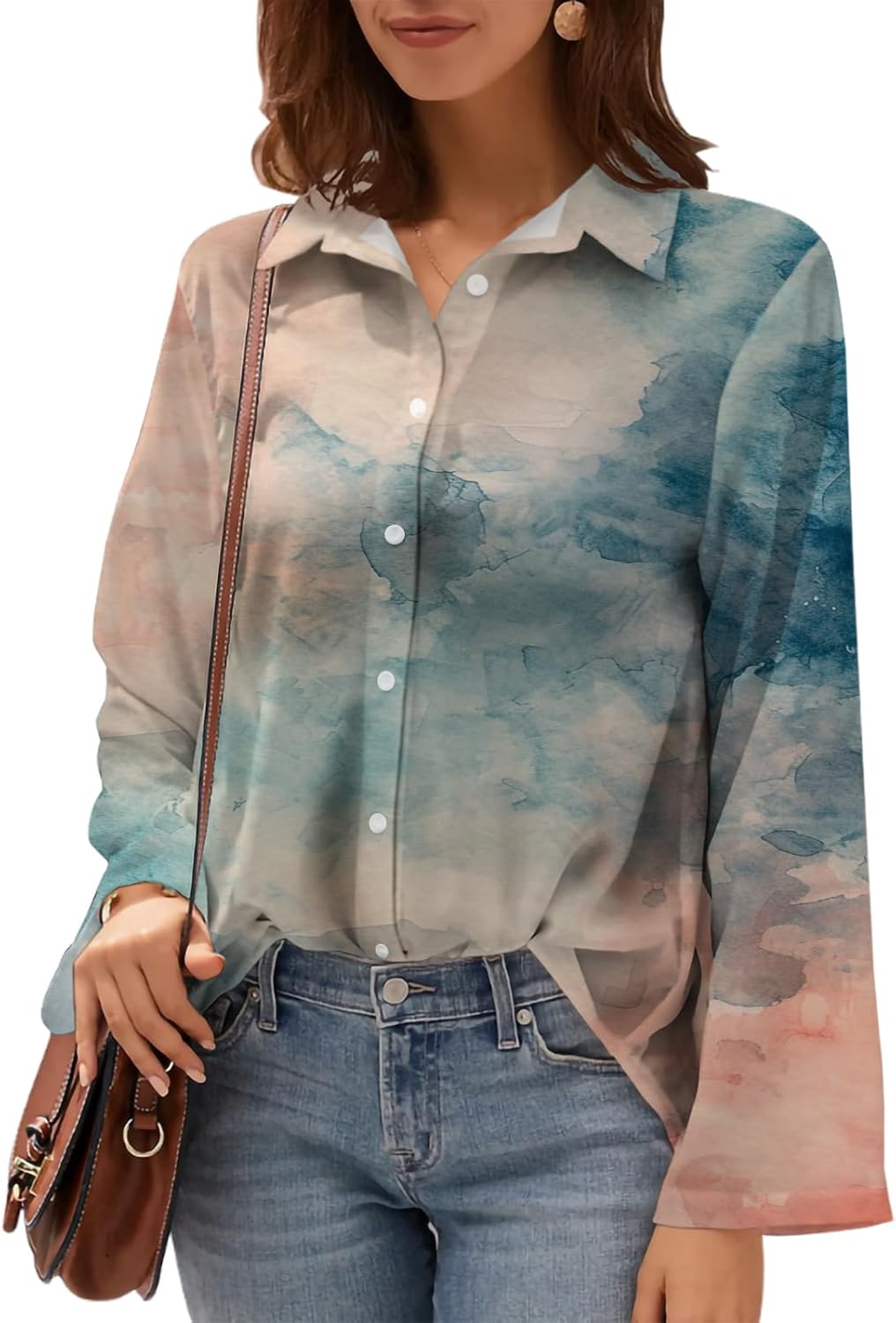Womens Abstract Print Button Down Shirt Long Sleeve Collared Blouse Business Casual Work Tops V Neck Lightweight