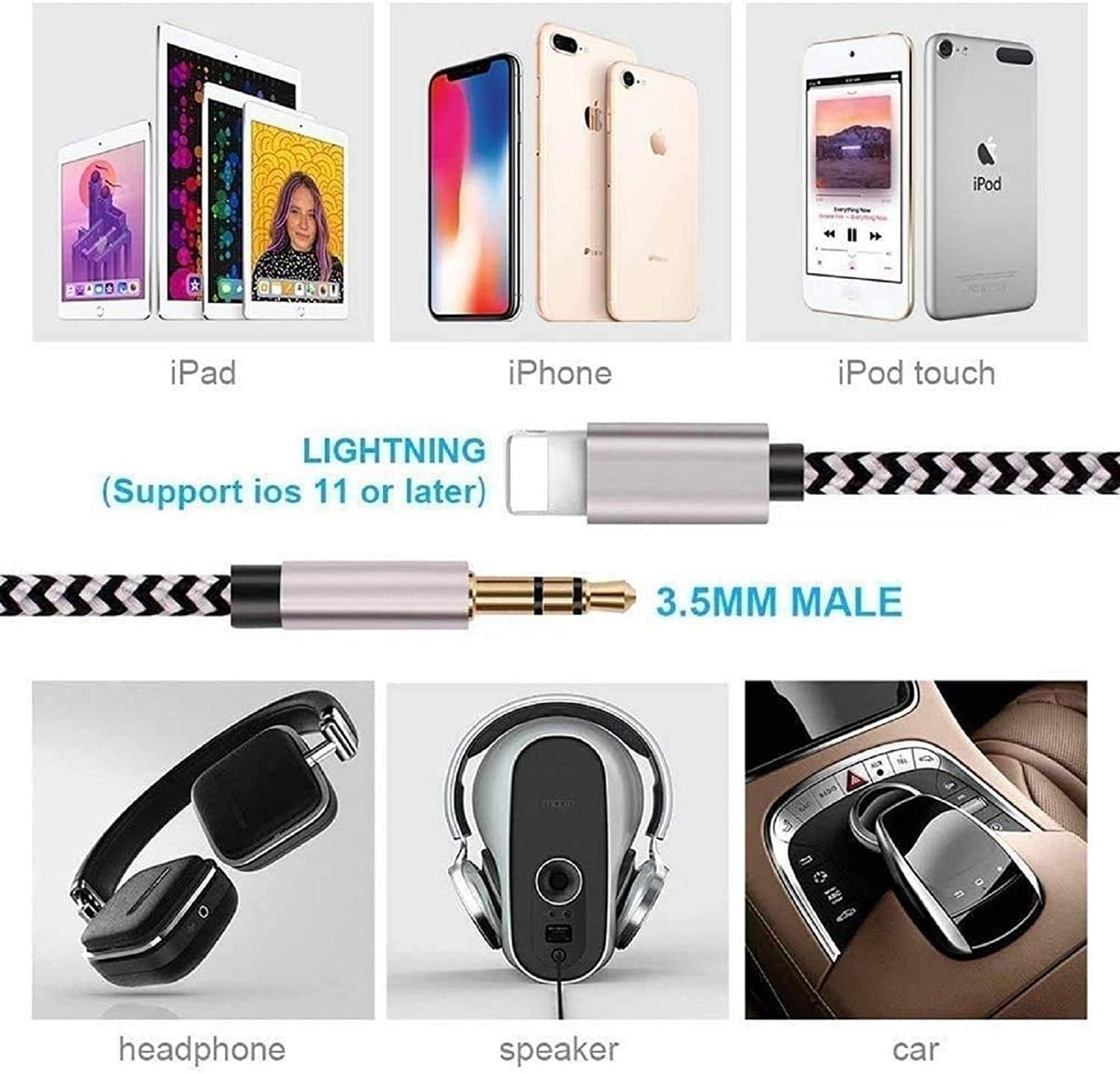 [Apple MFi Certified] iPhone to 3.5mm Car AUX Cable, [3.3FT/1M] Lightning to 3.5mm Audio Stereo Nylon Cord Compatible with iPhone 11/11 Pro/XS/XR/X 8 7, iPad to Home Stereo, Speaker, Headphone(Silver)