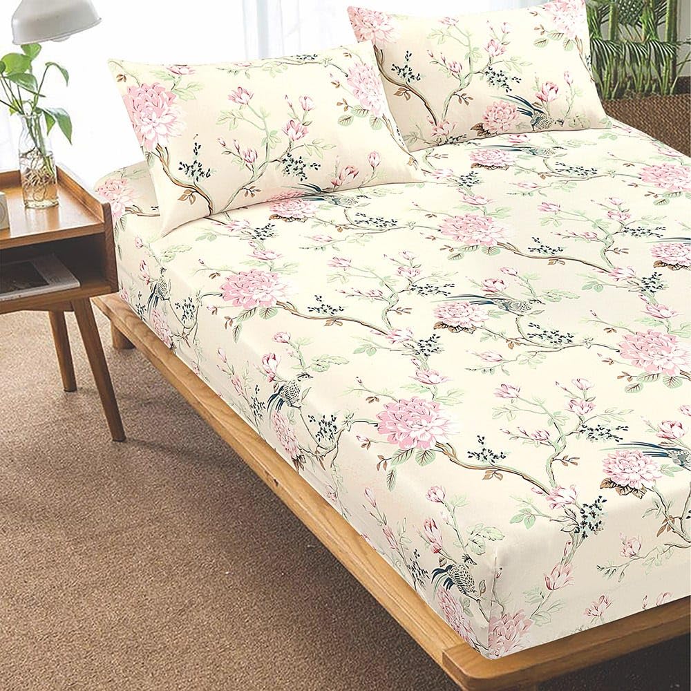 Homes r us Florian King-Sized Fitted Sheet Set, Cream - 180x200 Cms