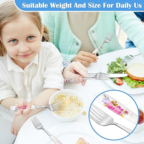 Miniatura 6 de Loppdece 12 tenedores de cena, tenedores de acero inoxidable con diseño floral, tenedores de cubiertos con mango de cerámica, tenedores de postre,