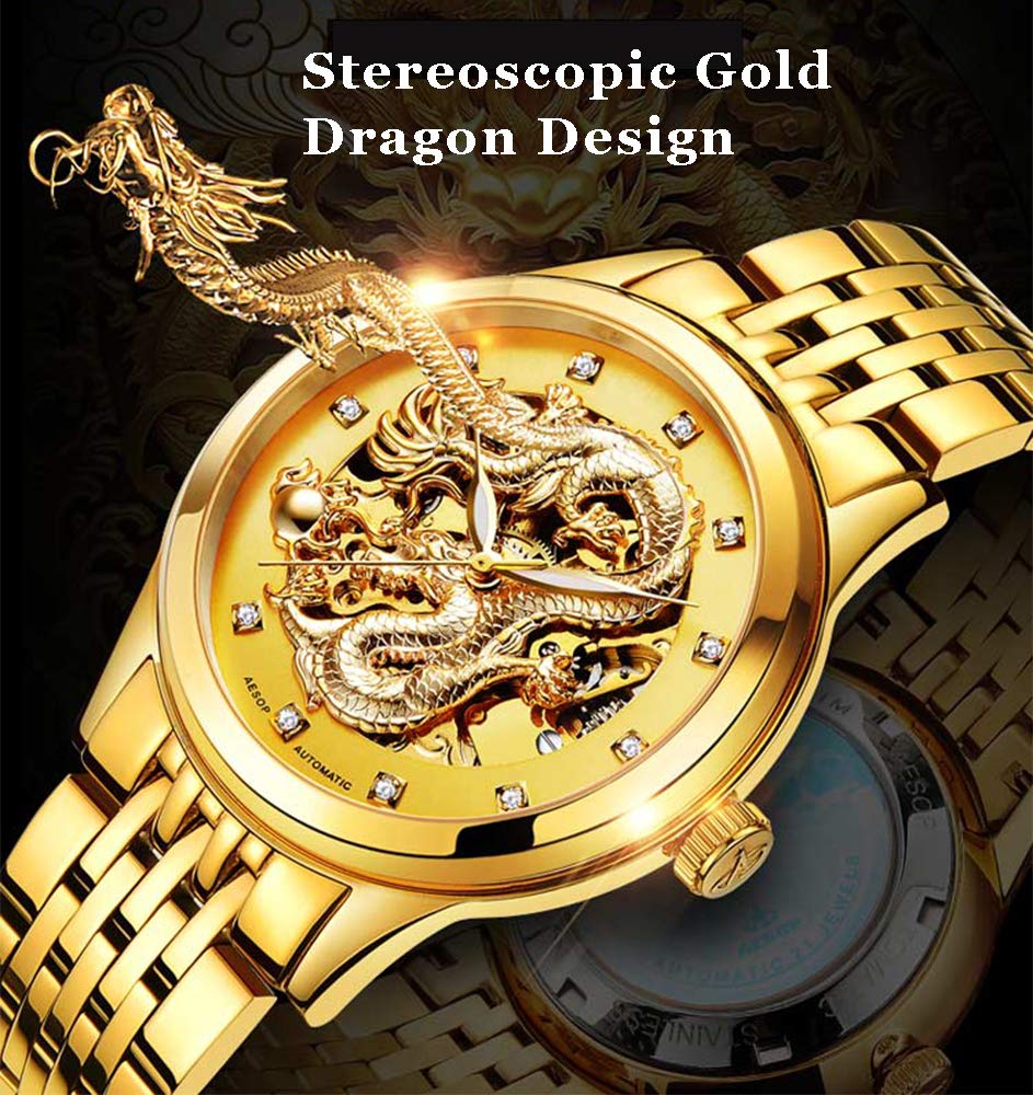 Gosasa Men's 'Dragon Collection' Luxury Carved Dial Automatic Mechanical Waterproof Gold Watch (Men Full Gold)