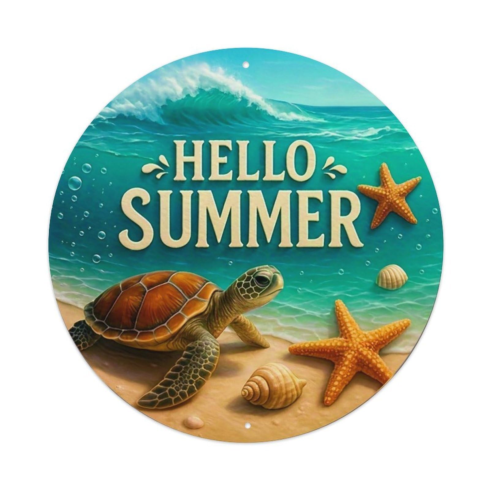 Hello Summer Turtle Starfish Beach Round Tin Sign Vintage Metal Sign Home Bar Garden Indoor & Outdoor Wall Decor Retro Metal Poster 8x8 Inch