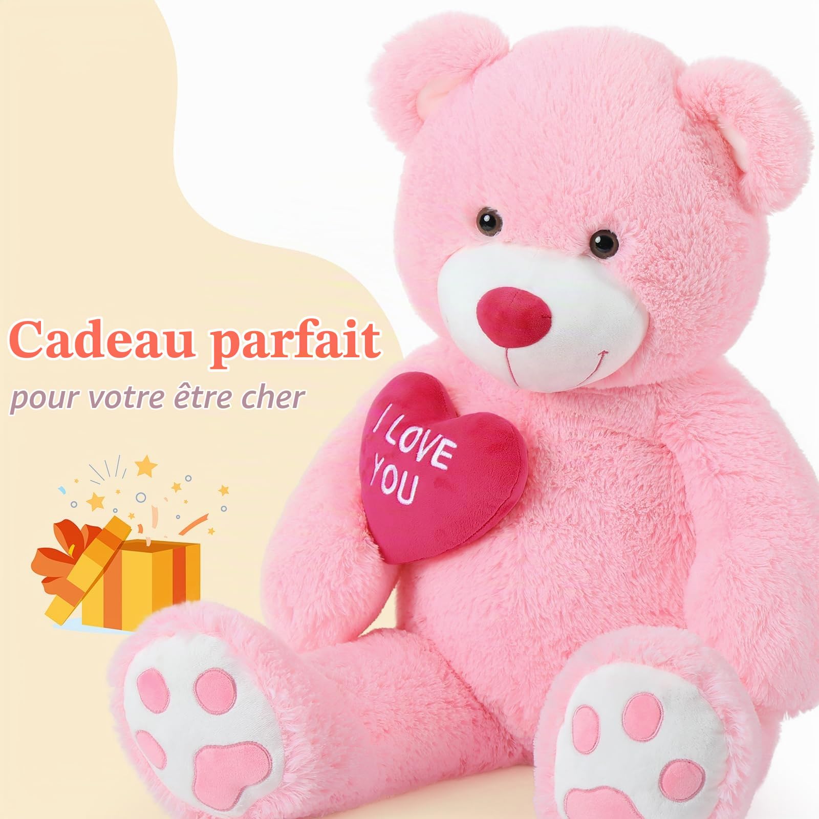 MorisMos Ours Peluche Geant Rose avec Cœur, I Love You Nounours en Peluche Geante XL,Cadeaux de Noël, Mignonne pour Enfants Filles Copine Femme Anniversaire(90cm)