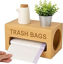 Bamboo Trash Bag Dispenser - Garbage Bag Roll Holder & Organizer with Handle - Kitchen Countertop, Under Sink, or Wall Mount Waste Bag Storage Container (Natural (1 Tier)