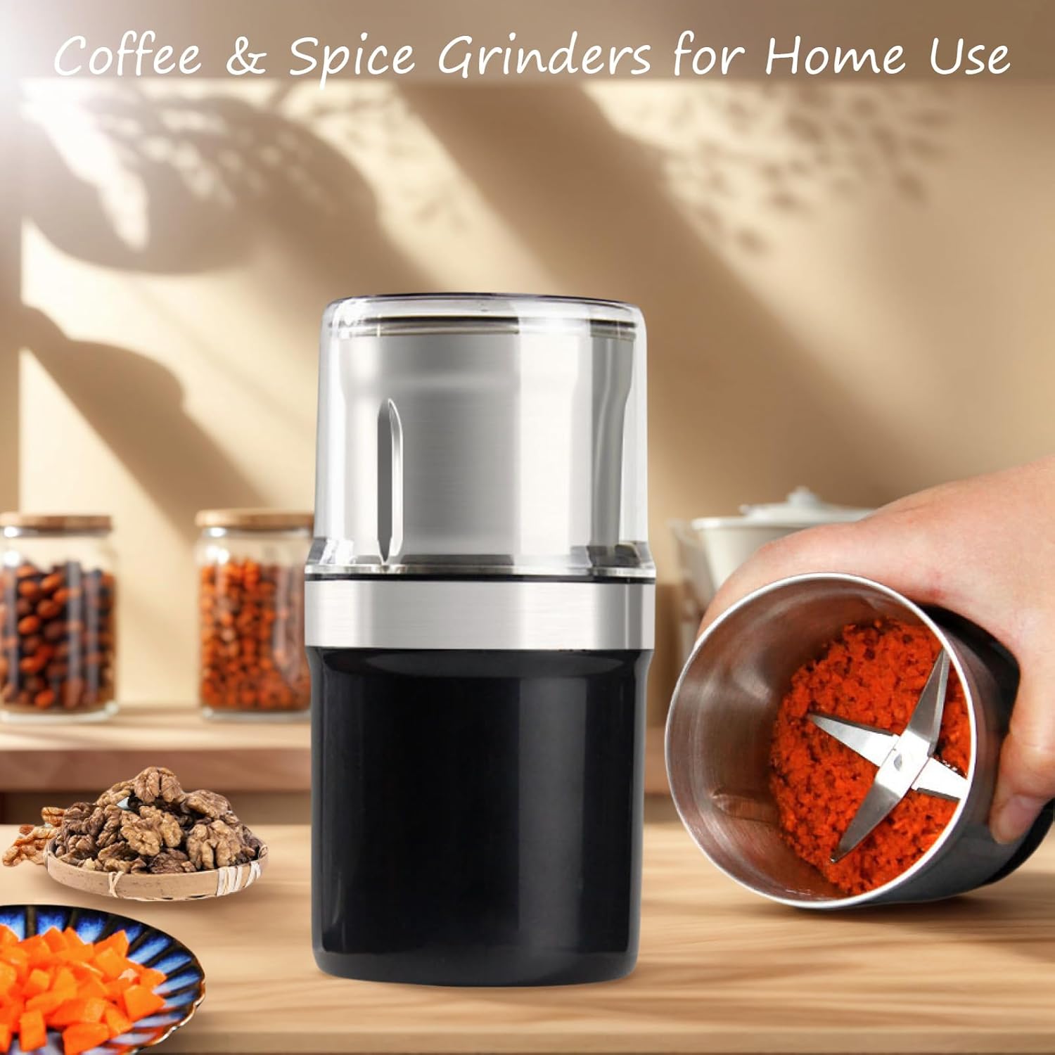 Voltix Electric Multi-Use Cup Grinder, Large Capacity Stainless Steel, Portable Electric Coffee Grinder & Spice Grinder for Home Kitchen, One Touch Coffee Mill for Beans, Spices (Dual Blade Set)