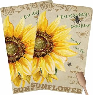 Kitchen Towels Dish Cloths 2 Pack 18x28in,You are My Sunshine Words Super Absorbent Tea Bar Towel Cleaning Cloth Retro Farm Sunflowers Soft Hand Towels for Drying Dishes