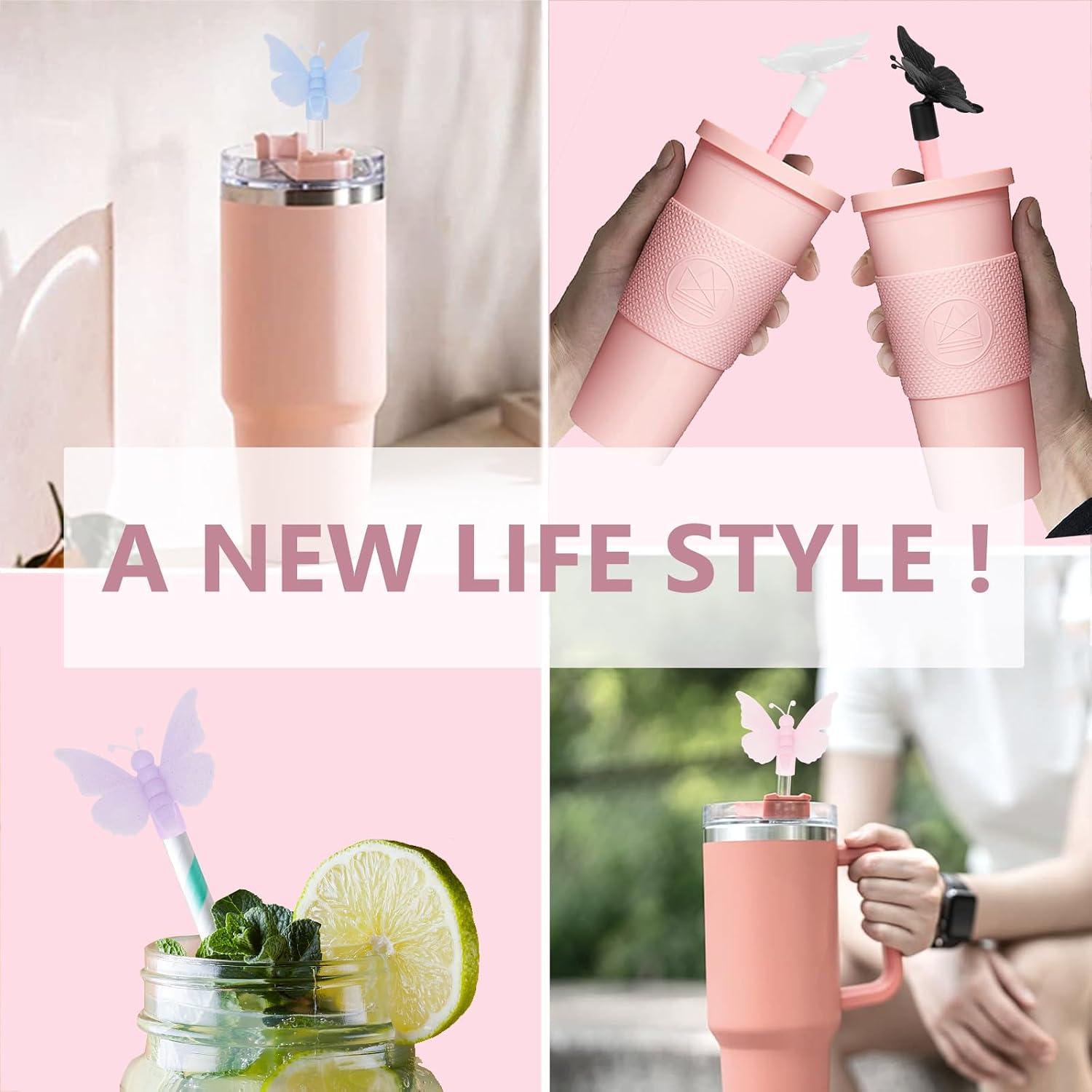 Glitter 3D Butterfly Straw Covers Cap Toppers Compatible with Stanley 30&40 oz Tumbler Cups,Reusable Cute Silicone StrawTips Lids for 0.4 in/10mm Stanley Cups StrawAccessories-6 Pcs