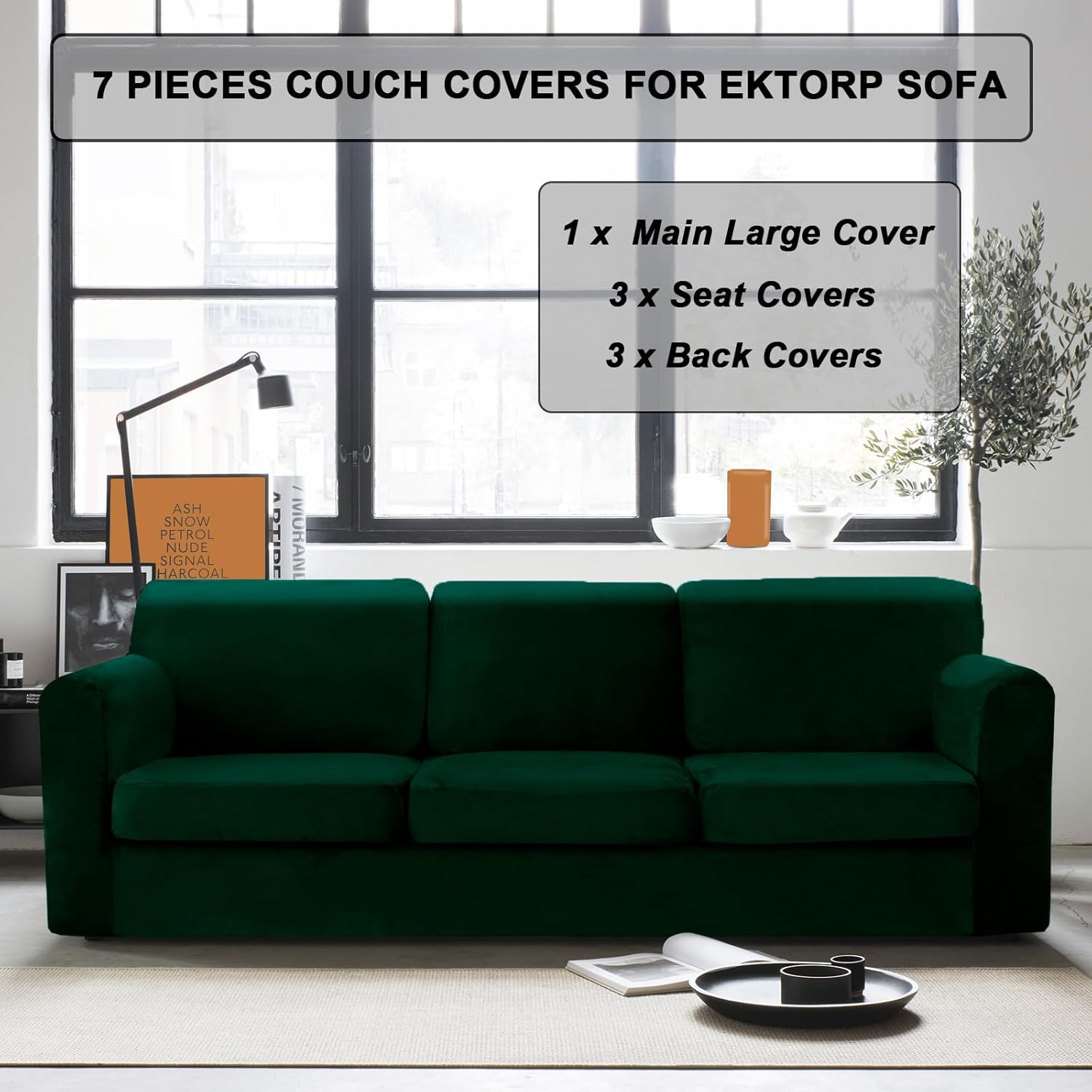 UNBBRRL 7 Pieces Couch Covers for Sofa, Replacement Ektorp Sofa Cover 3 Seat with 1 Main Cover/3 Seat Cushion Covers/3 Backrest Covers, Stretch Velvet Settee Cover 3 Seater (Dark Green,3 Seater)