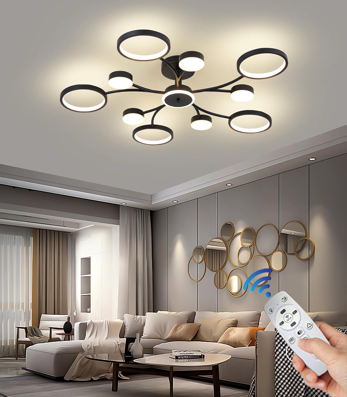 Modern LED Living Room Lights,Black LED Ceiling Lights,110w Bedroom Lights with Remote Control,Round Dimmable Ceiling Lamps,3000-6000k Suitable for Dining Room Kitchen Lighting (10+1)