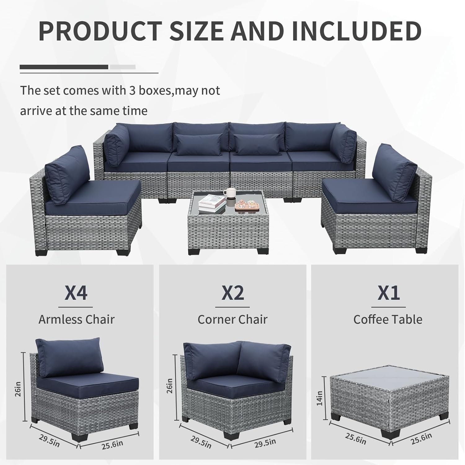 Valita 7 Pieces Outdoor Wicker Furniture Conversation Set Patio Sectional Sofa Set Glass Table with Non-Slip Cushions Furniture Cover, Dark Blue