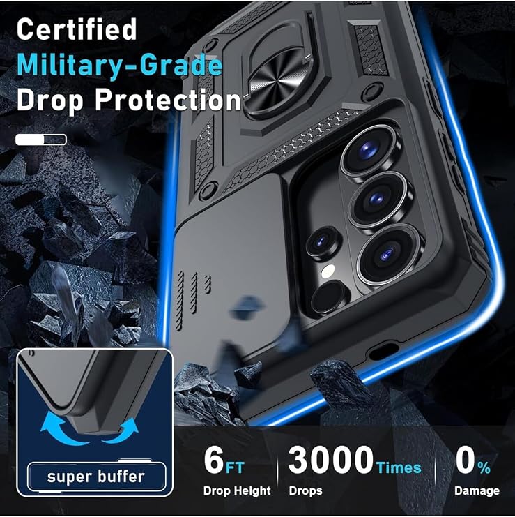 CONSTRAIN - Samsung Galaxy S26 Ultra ile uyumlu Ekran Koruyucu Kılıf Sürgülü Yüzüklü Standlı Darbe Emici Tank Kapak - Siyah