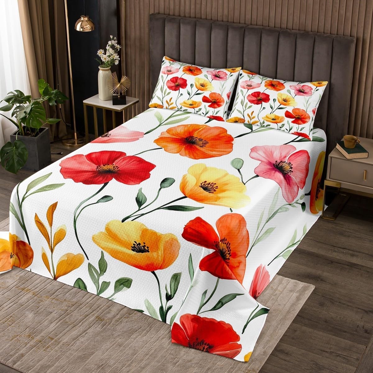 Homewish Poppy Floral Bedspread King Size,Abstract Art Bedding Quilt 3Pcs for Teens Women Adults Room Decor,Watercolor Flowers Comforter Sets Modern Natural Coverlet Sets,2 Pillowcases