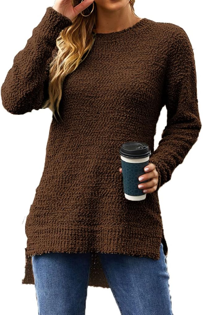 Qearal Women's Long Sleeve Fuzzy Knitted Sweater Popcorn Side Split Loose Pullover Tops - Image 4