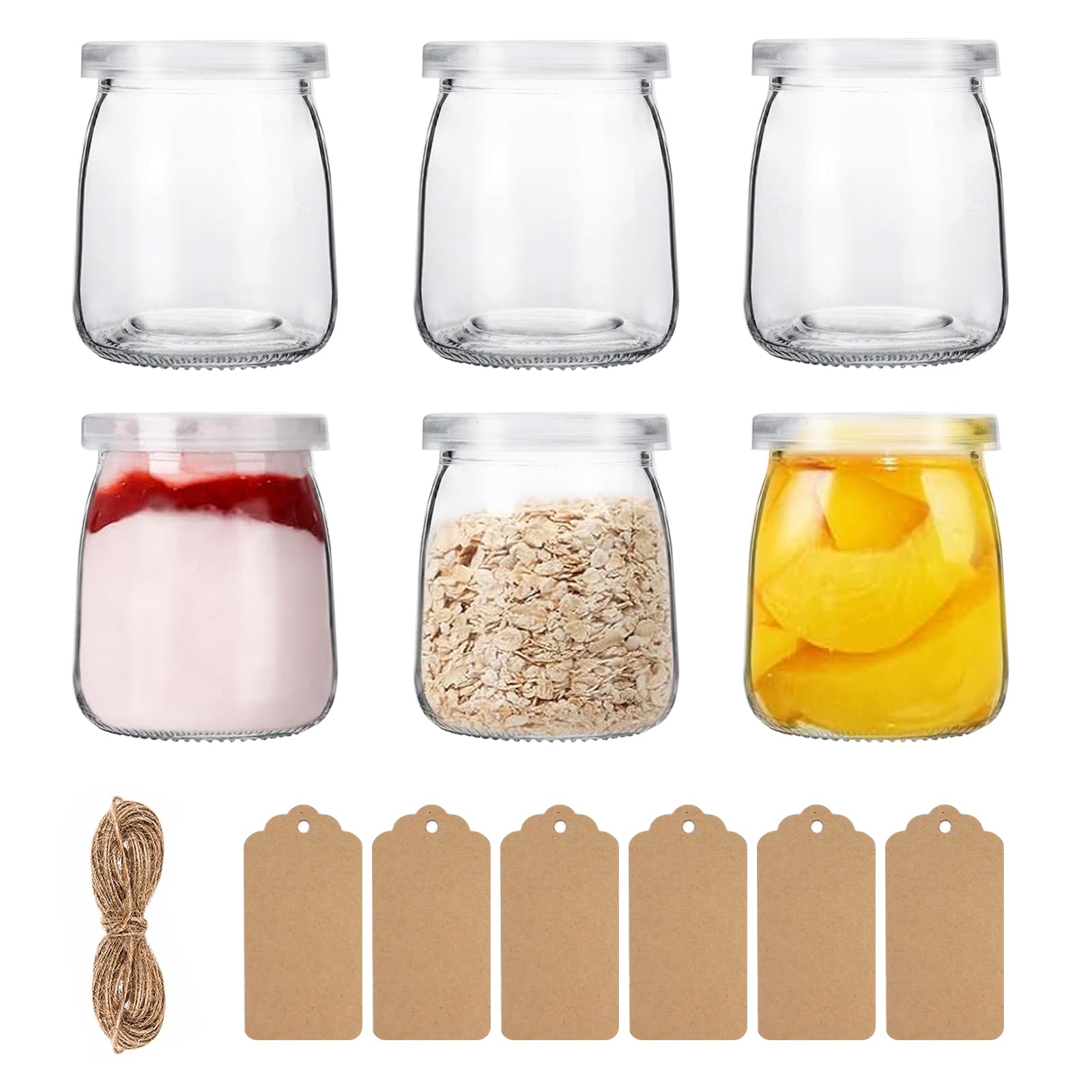 ZhouZGlass 200ml Yogurt Pudding Glass Jars, Clear Glass Pudding Jars with PE Lids for Jam, Honey, Wedding Favors, Shower Favors, Baby Foods (Set of 6)