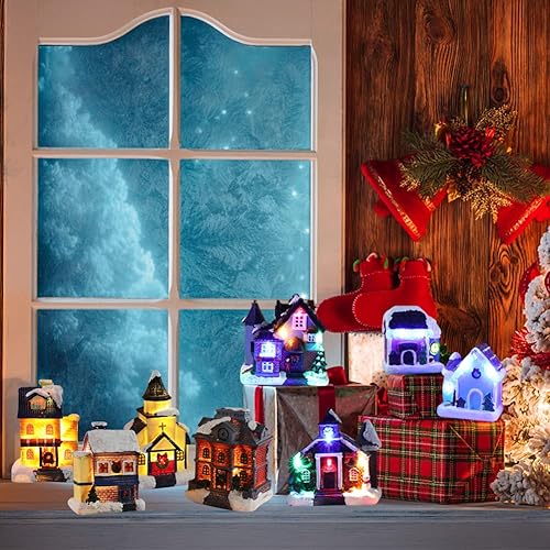 Miniatura 4 de EUBUY Casas de pueblo de Navidad con luces, 4 pulgadas de resina de Navidad, casas de pueblo con luz LED blanca cálida, funciona con pilas, adornos