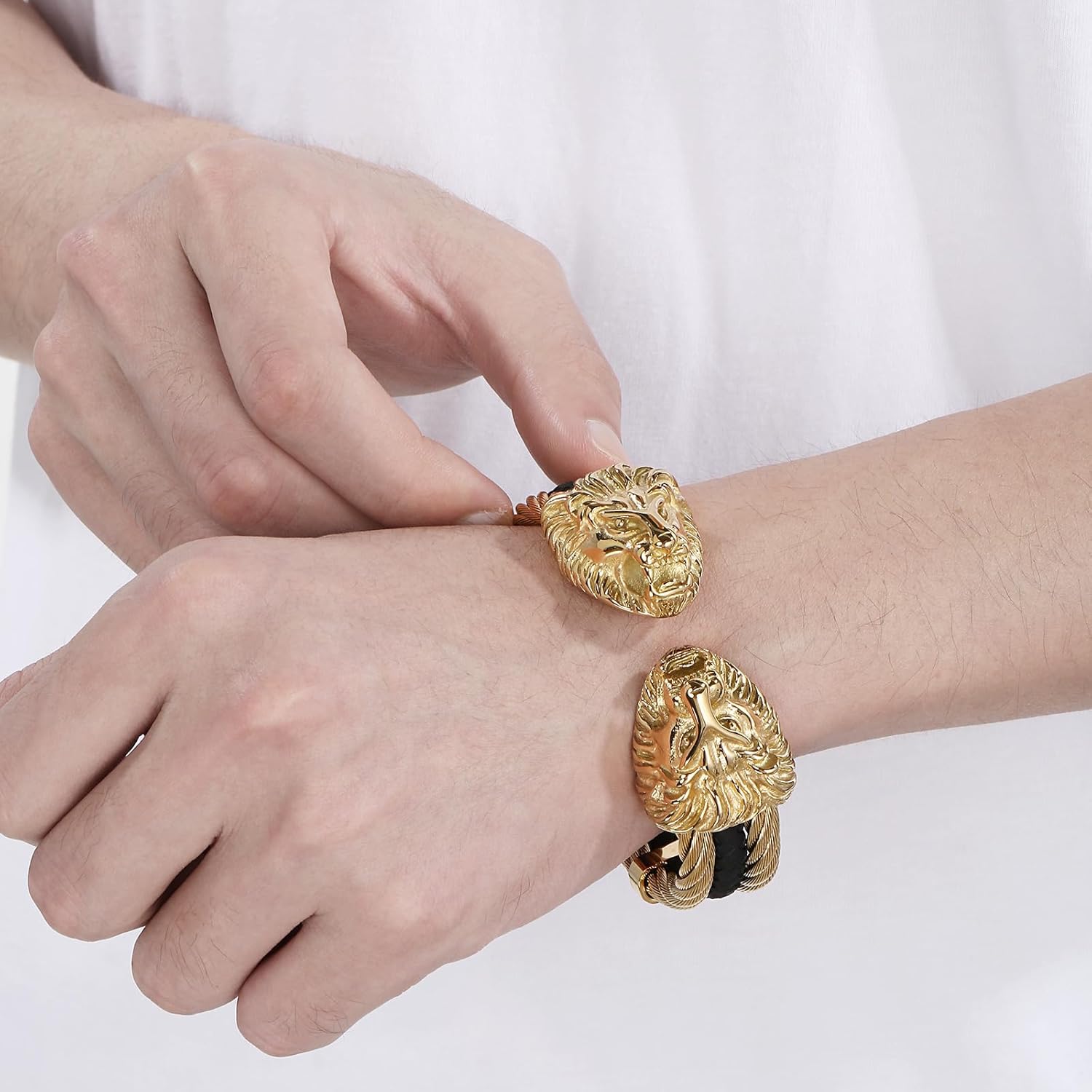 Men's Silver Gold Bracelet Viking Lion Head 316 Stainless Steel Leather Open Cuff Leather and Rope Chain Gothic Vintage Animal Totem Bangle - Image 5