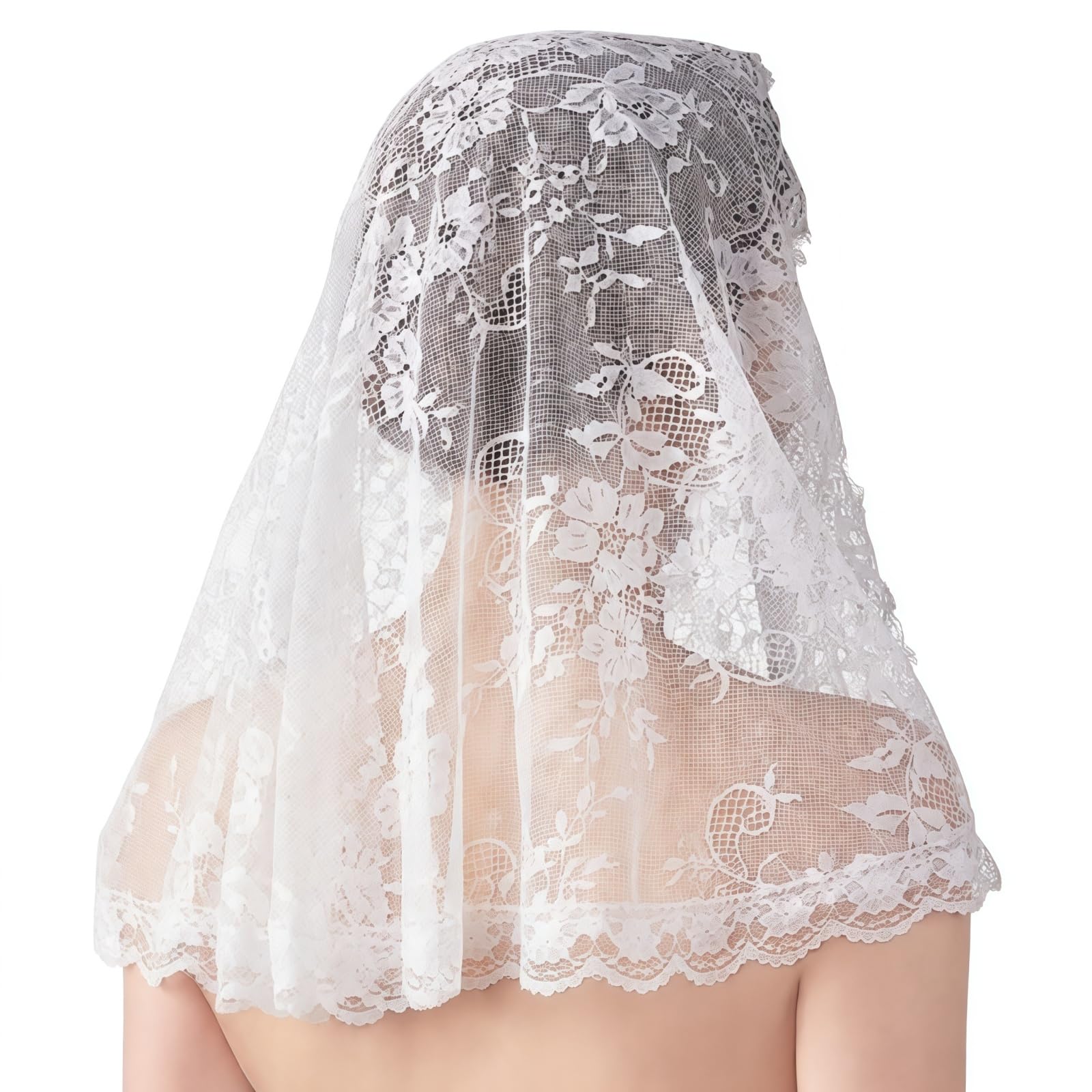 Manjiamei Women's White Lace Mantilla Veil Floral Catholic Church Chapel Veil Short Head Covering Latin Veils For Mass Wedding Party Holy Communion Religious Ceremony Head Cover
