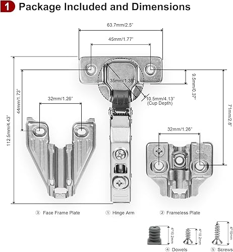 Miniatura 8 de Paquete de 2 bisagras de gabinete de cierre suave superpuestas 3D de 1 pulgada para gabinete de cocina, ajuste de 3 vías, bisagras ocultas de cierre