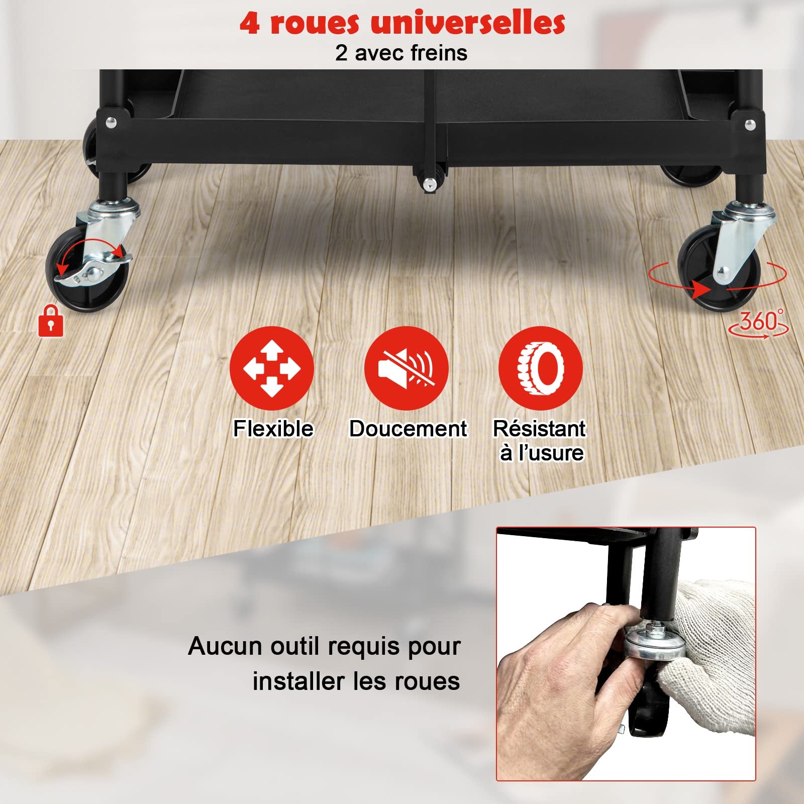 COSTWAY Chariot Servante d'Atelier à 3 Niveaux Pliant avec Roues Universelles, Chariot à Outils 4 Rainures et Mains Courantes Charge 45KG, 61 x 44 x 96 cm Noir