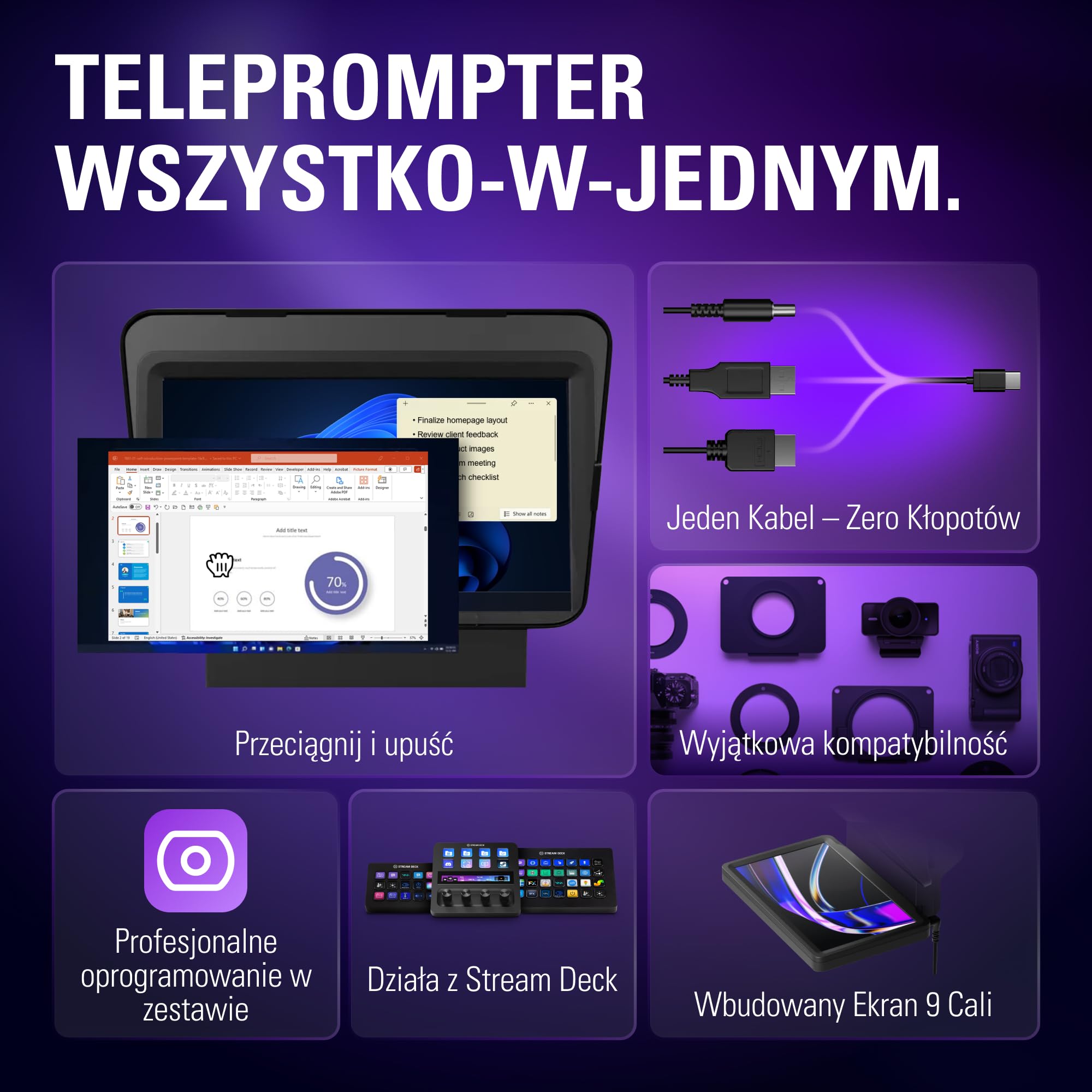 Elgato Prompter – Teleprompter z wbudowanym ekranem do YouTube, Twitch, Zoom, MS Teams i więcej, obsługuje DSLR/Webcam/Smartphone, funkcja przeciągnij i upuść na monitorze, działa z Mac/PC&Stream Deck | Kompatybilny z ekranem 9-calowym/YouTube/Twitch/Zoom