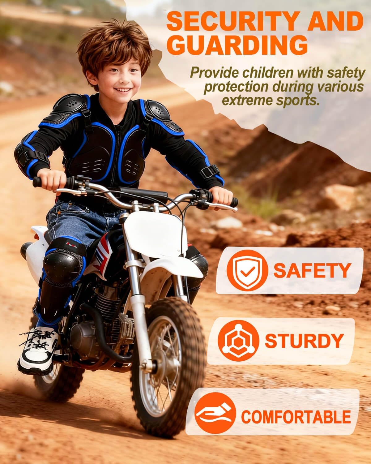 Teenager Youth Chest Back Protector, Kids Dirt Bike Gear for Motocross Armor, Adjustable Motorcycle Jacket with Knee Pads for MTB ATV Cycling Skating Skateboard