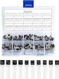 Eowpower 250PCS 10 Values NPN PNP Power Transistors Assortment Kit(BC337 BC327 2N2222 2N2907 2N3904 2N3906 S8050 S8550 A1015 C1815)