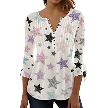 Trendy Tops for Women 3/4 Length Sleeve Button Up Pleated V Neck T Shirts Comfy Boho Floral Casual Blouse