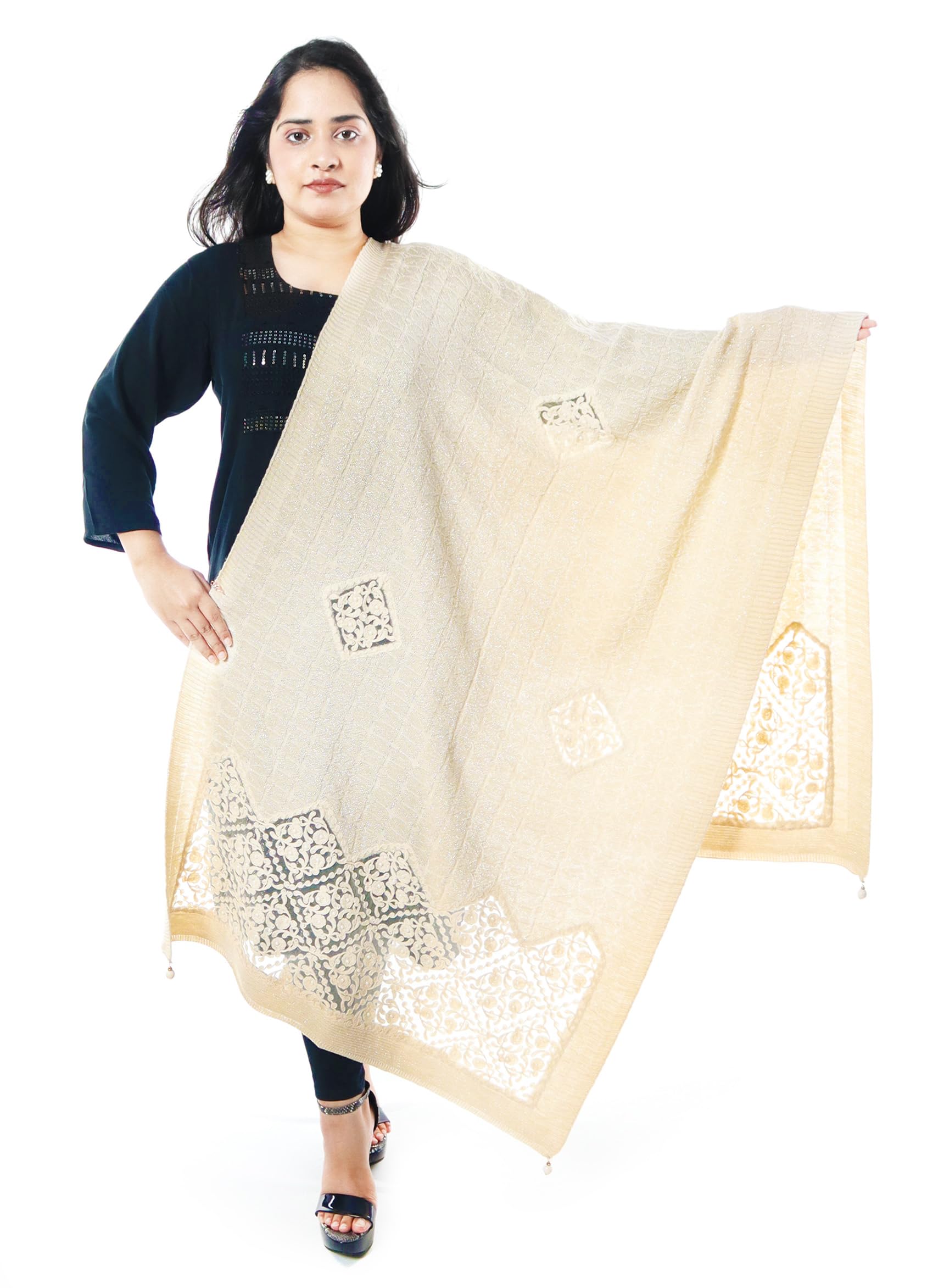 Woolen knitted Winter Stoles | Shawl | Wrap for Women with Premium Floral Embroidery, Embellished with Pearls and Fancy Glitter Yarn-image-34