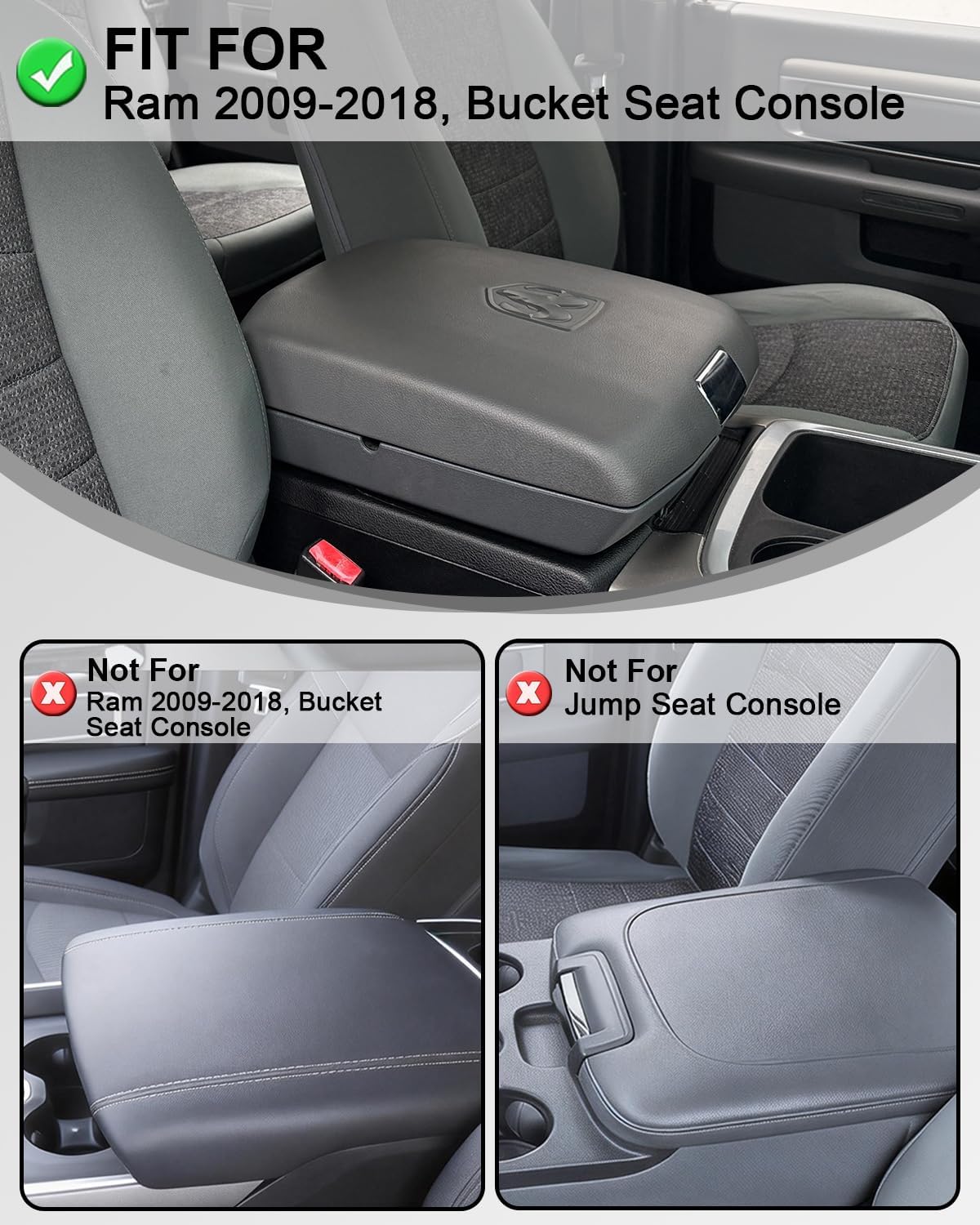 Center Console Armrest Cover for 2009-2018 Dodge Ram 1500 2500 3500, PU Leather Middle Console Lid Protector Arm Rest Cushion Anti-Scratch Thick Pad, Black(Bucket Seat Only)