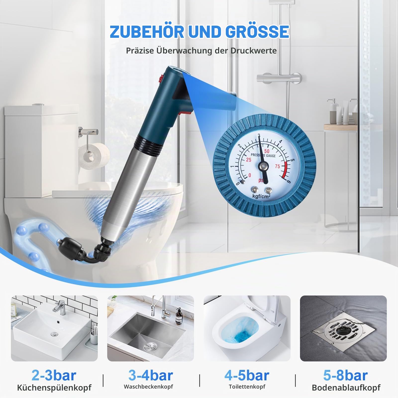 Elektrischer Abflussreiniger Pömpel WC-Saugglocke, mit 360° drehbarem Kopf, Strapazierfähig Vielseitiger Toilette Pömpel mit 3 austauschbaren Köpfen für Toiletten/Badewannen/Waschbecken/Kanalisatio
