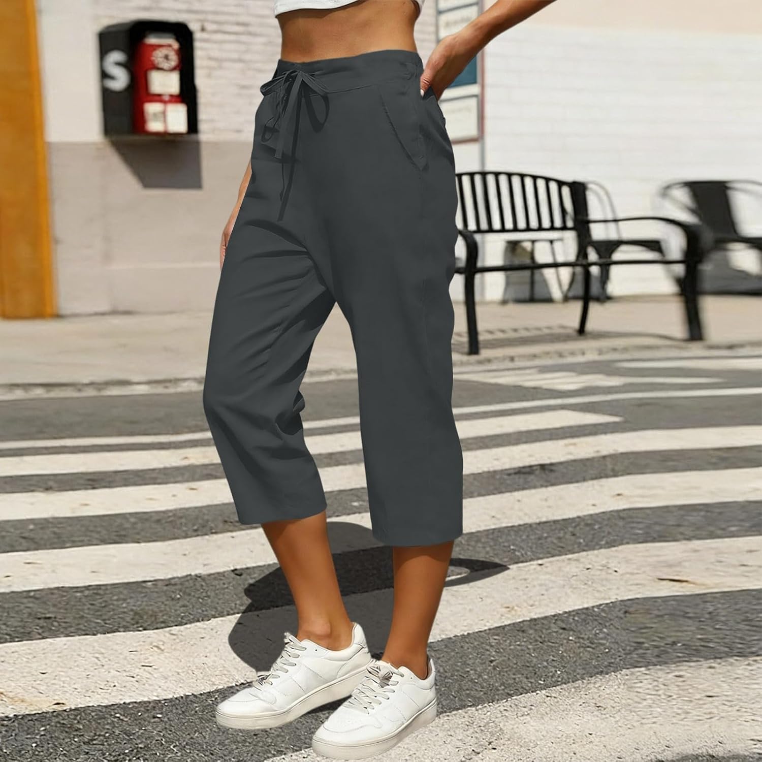 Linen Cotton Capri Pants for Women Loose Fit Straight Leg Drawstring Waist Casual Summer Cropped Pant with Pockets