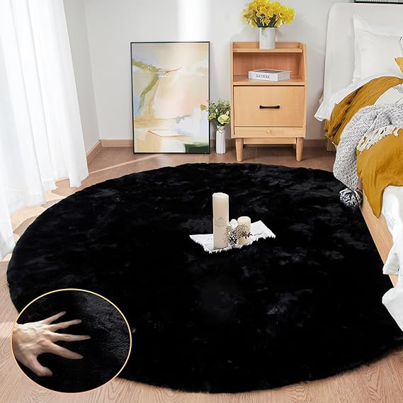 Round Rugs 6ft Faux Rabbit Fur Rug Fluffy Rug for Bedroom Black Faux Fur Machine Washable Area Rugs Living Room Teen Room Home Decor
