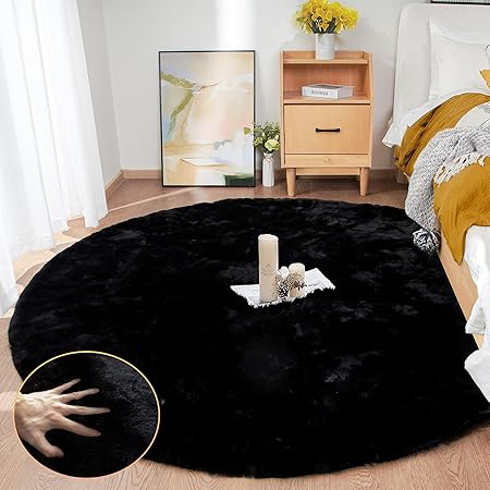 Round Rugs 6ft Faux Rabbit Fur Rug Fluffy Rug for Bedroom Black Faux Fur Machine Washable Area Rugs Living Room Teen Room Home Decor