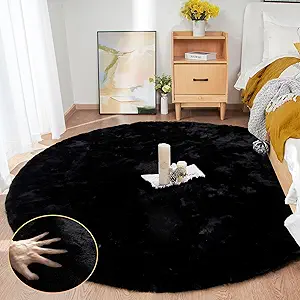 Round Rugs 6ft Faux Rabbit Fur Rug Fluffy Rug for Bedroom Black Faux Fur Machine Washable Area Rugs Living Room Teen Room Home Decor