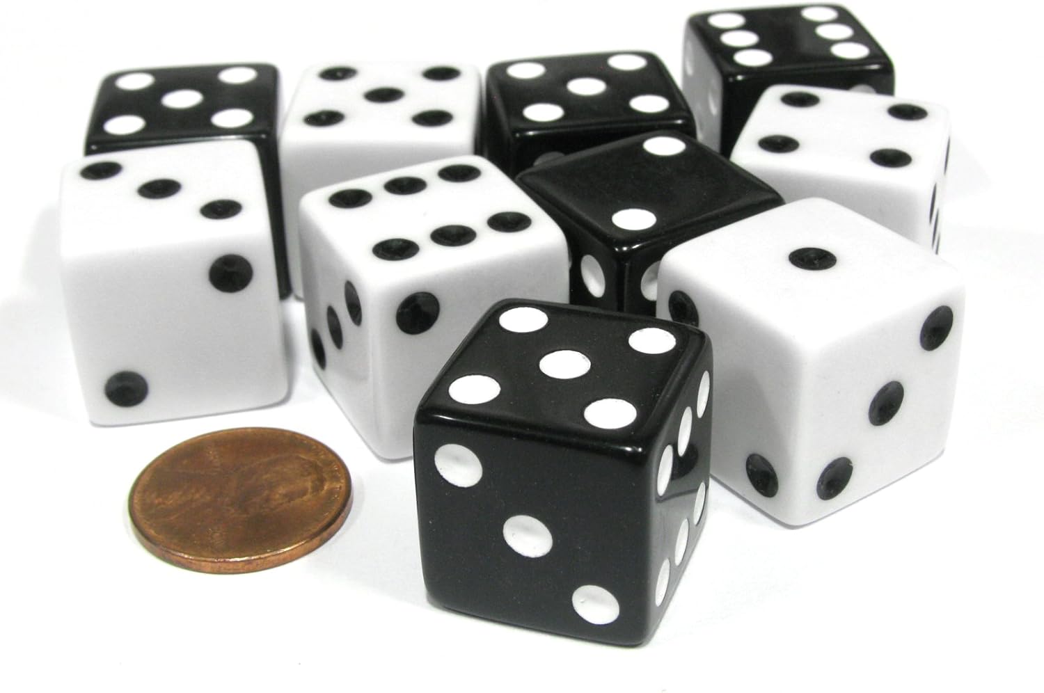 Set of 10 Large Six Sided Square Opaque 19mm D6 Dice - 5 Black and 5 White Die