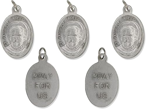 Miniatura 6 de Paquete a granel de 5 medallas de San Maximiliano Kolbe Medalla de 1 pulgada de plata oxidada, San Maximiliano Kolbe para collar, medallas para