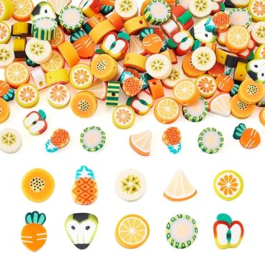 100Pcs Fruit Polymer Clay Beads Pear Pineapple Clay Beads Orange Apple Pomelo Clasy Spacer Beads for DIY Bracelet Necklace Earring Jewelry Making