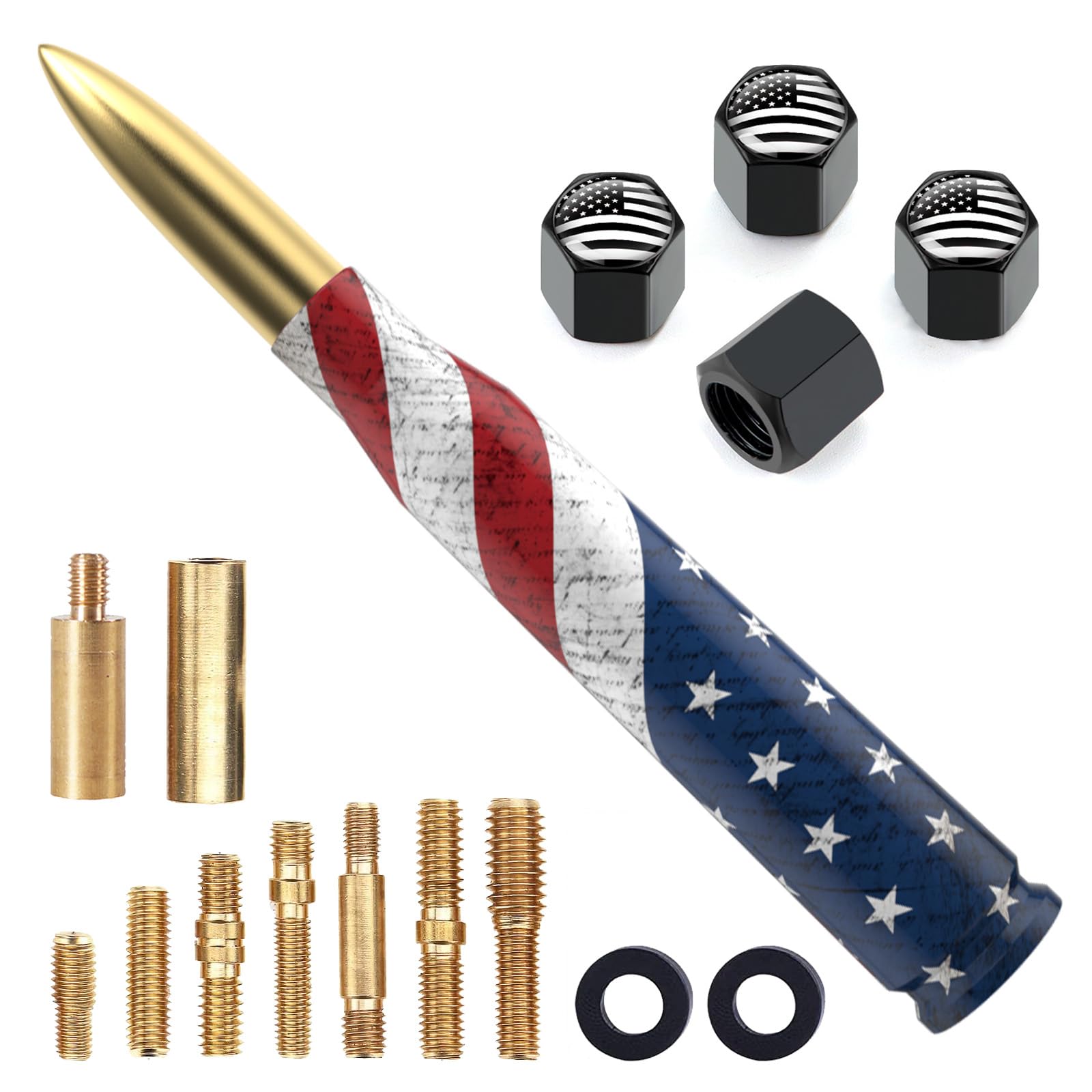 Car Truck Antenna with Valve Stem Caps - American Flag Design, Universal Vehicle Short Antenna Replacement for Ford F150 F250 F350 Super Duty Raptor Dodge RAM GM Chevy Silverado 1500 2500 3500, Gold