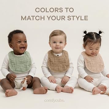 Comfy Cubs Muslin Bibs for Babies, Pack of 8 - Soft and Highly Absorbent, Feeding, Drool and Teething Bib, Adjustable Snaps - Stylish & Colorful Unisex Designs, Giftable Set - White