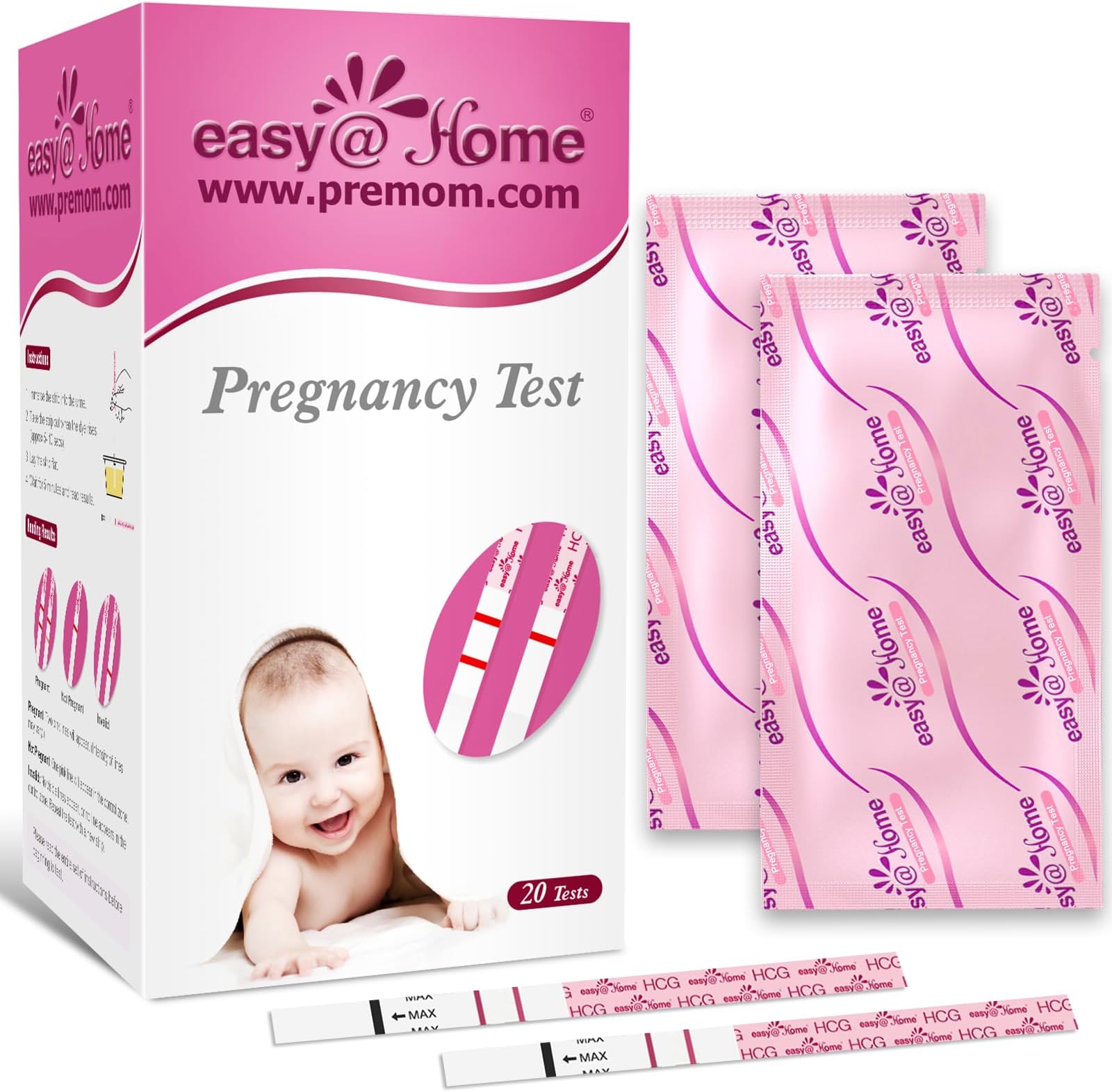 Easy@Home 20 Pregnancy Test Strips for Early Detection, 10 MIU/mL, 5 mm Width