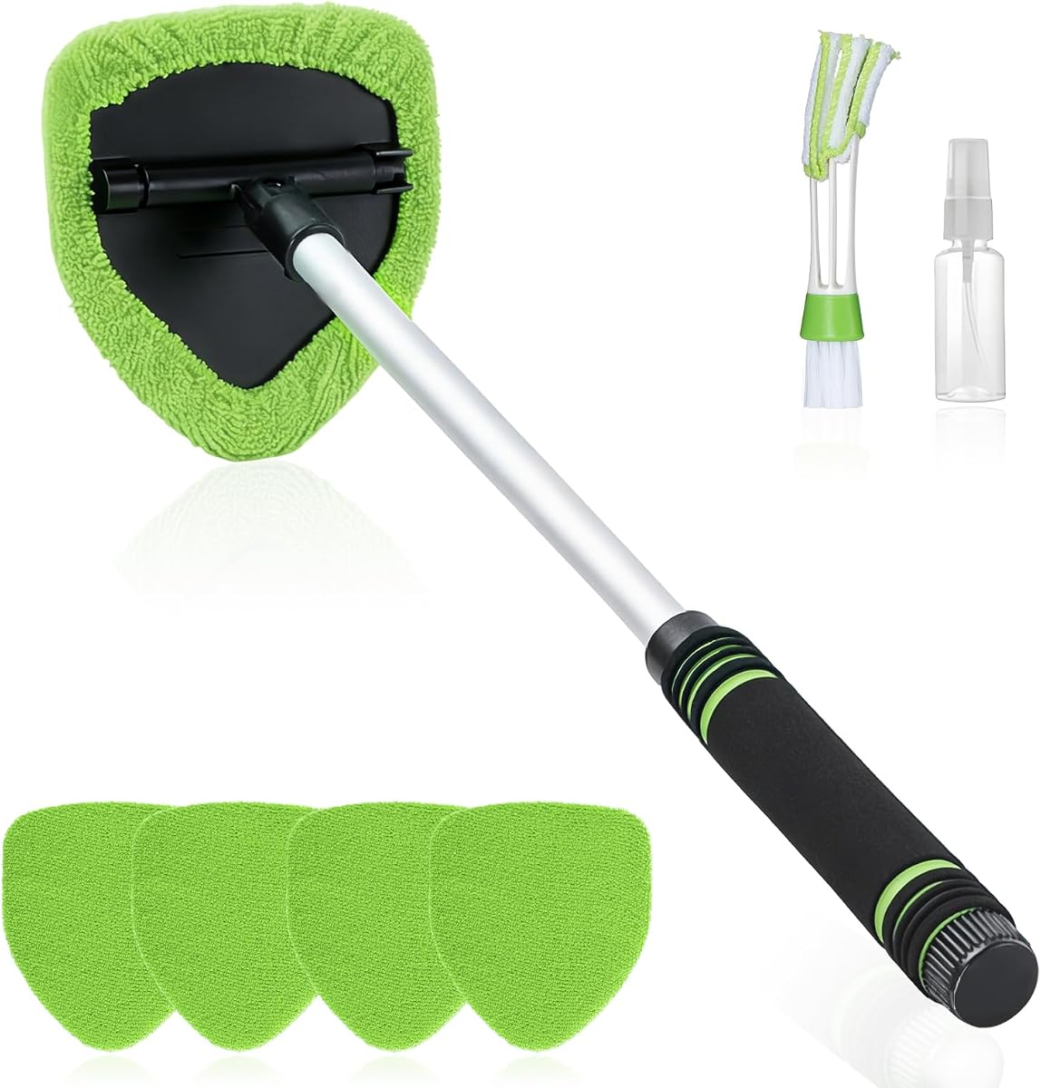 7 PCS Windshield Cleaning Tool, 19" Windshield Cleaner Kit with Extendable Handle, Microfiber Towel Pads, Brush, Empty Spray Bottle for Auto Glass Interior (Green)